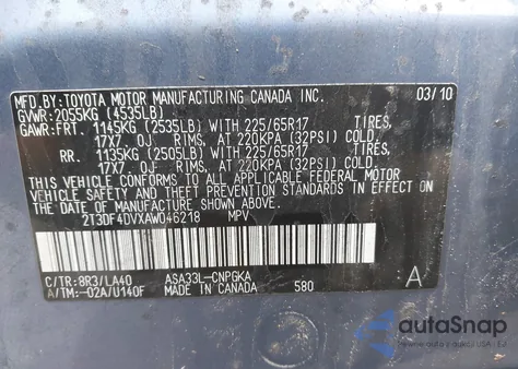 2010 Toyota Rav4 Limited from USA, damaged, VIN 2T3DF4DVXAW046218